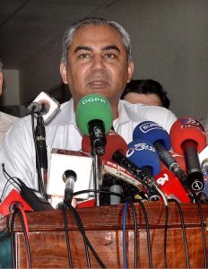 Caretaker Chief Minister Mohsin Naqvi addressing a news conference at Children Complex