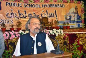 Caretaker Federal Minister of Education, Madad Ali Sindhi addressing during Shah Latif day function on late saturday night at Public school