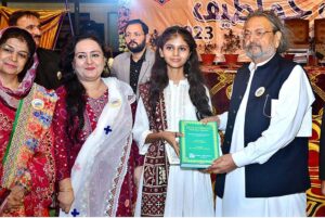 Caretaker Federal Minister of Education, Madad Ali Sindhi addressing during Shah Latif day function on late saturday night at Public school