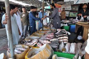 Vendors displaying dry fruits to attract the customers at weekly Sunday Bazaar, Peshawar Morr