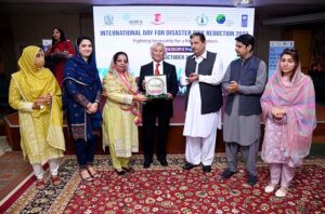 Minister Higher Education, Archives & Libraries KP Dr. Muhammad Qasim Jan addressing during 1 day session on National Day for Disaster Risk Reduction 2023 here at SBBWU.