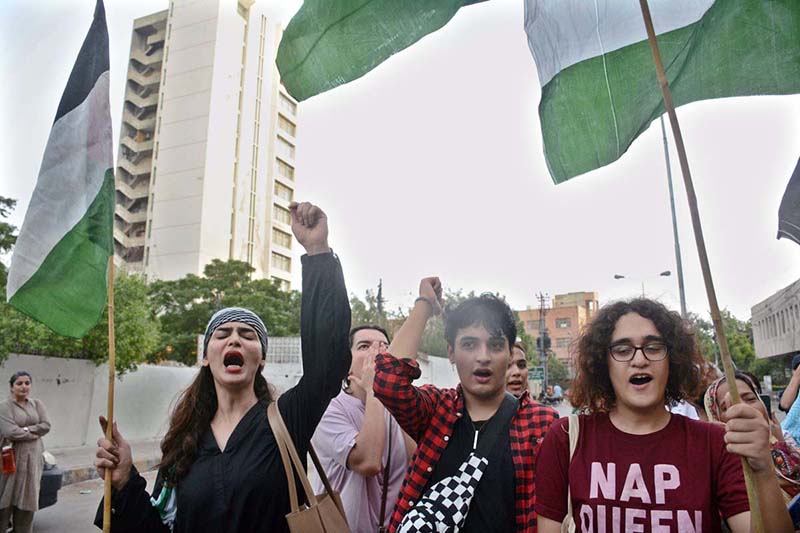 Activists of civil society organize a protest demonstration to show solidarity with the people of Palestine, call for an immediate ceasefire at Karachi Press Club