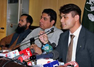 Balochistan Caretaker Minister for Sports and Culture Jamal Khan Raisani addressing a press conference at Civil Secretariat