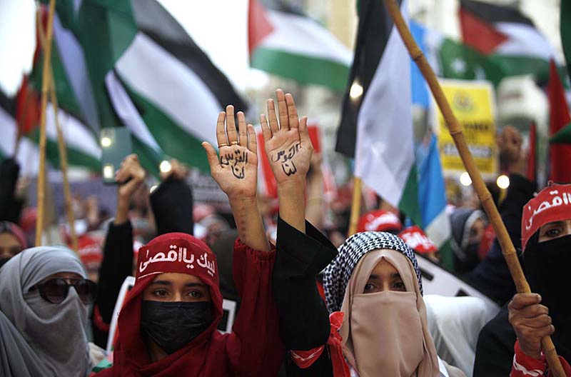 A large number of people participates in"Al Aqsa Palestine March" organized by JI at Shahrah-e-Faisal