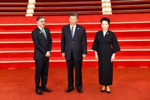 Chinese President Xi Jinping and First Lady, Madame Peng Liyuan welcomed Caretaker Prime Minister Anwaar-ul-Haq Kakar upon his arrival at Great Hall of the People to attend the banquet hosted by President Xi Jinping in honor of the leaders of the countries participating in the 3rd Belt and Road Forum