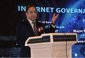  Caretaker Federal Minister for Information Technology and Telecommunication, Dr. Umar Saif addressing during the seminar on "Internet Governance in Pakistan"