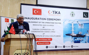 Sindh Caretaker Minister for Health Dr. Saad Khalid Niaz addressing the inauguration ceremony of an Operation Theatre (Operating Room) renovated and equipped by the Turkish Cooperation and Coordination Agency (TIKA) at the National Institute of Child Health (NICH)