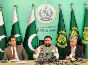 Chairman Federal Minister for Interior Sarfraz Ahmed Bugti and Caretaker Federal Minister for Information and Broadcasting Murtaza Solangi addressing a press Conference