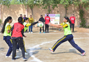  A view of netball match played between County Cambridge High School and Government Girls High School Latifabad teams during PNF Netball Cup 2023 at Shah Latif Girls College