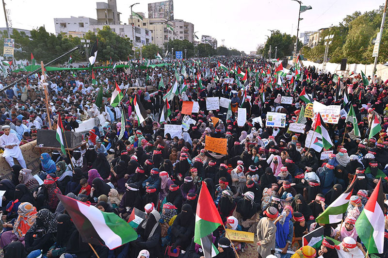 Women holding posters and banners as they attend the solidarity conference for the people of Palestine organized by Pakistan Markazi Muslim League at Shahra e Quaid