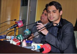 Caretaker Sports Minister Jamal Raisani addressing a press conference at Jamali Auditorium Civil Secretariat