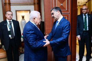 Caretaker Prime Minister Anwaar-ul-Haq Kakar meets President of Palestine Mahmoud Abbas on the sidelines of the 8th extraordinary Summit of the OIC