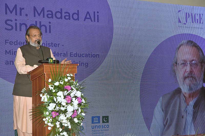 Caretaker Federal Minister for Education and Professional Training Madad Ali Sindhi, addressing celebration of UNESCO prize for Girls' and Women's Education 2023 Empowering Girls Through Education at IMSG (VI-X) G-7/2