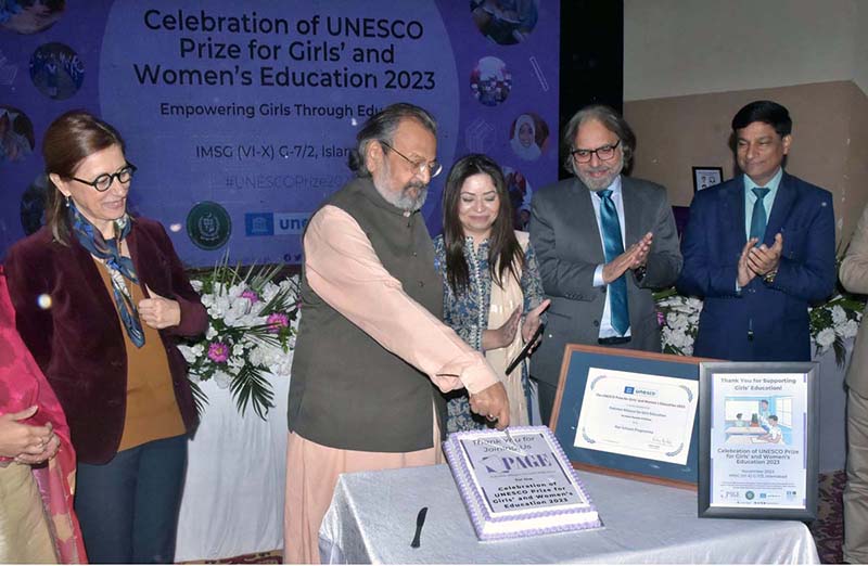 Caretaker Federal Minister for Education and Professional Training Madad Ali Sindhi, addressing celebration of UNESCO prize for Girls' and Women's Education 2023 Empowering Girls Through Education at IMSG (VI-X) G-7/2