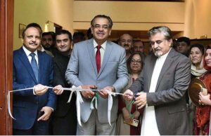 Caretaker Federal Minister for National Heritage and Culture Jamal Shah along with Caretaker Federal Minister for Religious Affairs & Interfaith Harmony Aneeq Ahmed cutting ribbon to inaugurate two-week long "Teaching of Calligraphy to Madrassa Students as a creative segment of Curriculum" at PNCA