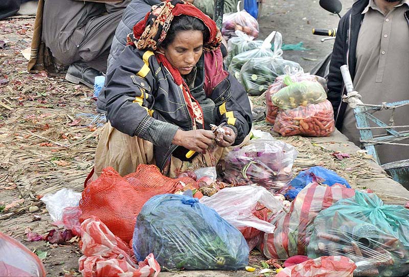 Woman picking onion from waste discarded by the vendors at Fruit and ...