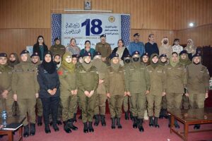 A group photo of Chief Traffic Officer (CTO) Faisalabad Maqsood Ahmad Lone along with Prof Dr Zill-i-Huma Nazli Vice Chancellor (VC) Government College Women University Faisalabad (GCWUF) with other officials after distributing certificates among women police on their completion of WOW (Women on Wheels) training program