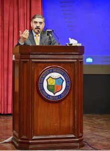 Caretaker Prime Minister Anwaar-ul-Haq Kakar addresses a ceremony at Ghulam Ishaq Khan Institute of Engineering, Sciences and Technology. 