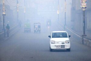 A view of thick fog that engulfs the whole city during morning time