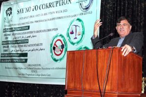 Balochistan Caretaker Education Minister Qadir Bakhsh Baloch addressing at ceremony of competition speech about anti-corruption