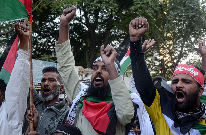 National Labour Federation Pakistan Karachi Zone organizes Gaza Labour March in support of Palestinians at Karachi Press Club