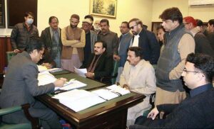 Rashid Shafiq accompanied by his supporters submitting his nomination paper for General Election 2024 from NA 57