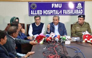 Chief Minister Punjab Syed Mohsin Raza Naqvi is talking to media persons during his visit to Allied Hospital Faisalabad