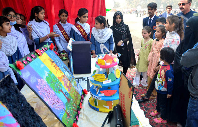 Visitors viewing the project models made by students during the Science and Art Exhibition at Public School.