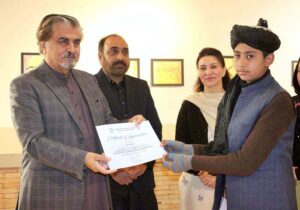 Caretaker Federal Minister for National Heritage and Culture Jamal Shah addressing at closing ceremony of two-week long Calligraphy Workshop for Madrasa students, an exhibition and certificate distribution to students at PNCA.