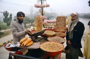 A local vendor roasting corn cob and displaying different items of dry fruits to attract the customers at Ring Road.