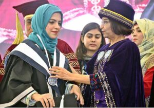 Vice Chancellor Shaheed Mohtarma Benazir Bhutto Medical University Prof. Dr. Nusrat Shah awarding gold medal among the position holder doctors during 5th convocation of SMBBMUL