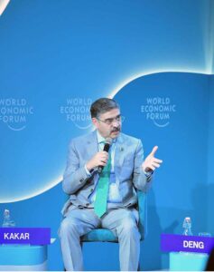 Caretaker Prime Minister Anwaar-ul-Haq Kakar expressing his views at the Trade Tech's Trillion-Dollar Promise session of the World Economic Forum.