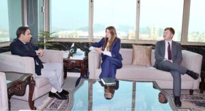 Caretaker Federal Minister for IT and Telecommunication Dr. Umar Saif in a meeting with British High Commissioner to Pakistan Ms. Jane Marriott.