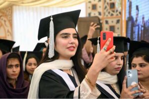 Vice Chancellor Shaheed Mohtarma Benazir Bhutto Medical University Prof. Dr. Nusrat Shah awarding gold medal among the position holder doctors during 5th convocation of SMBBMUL