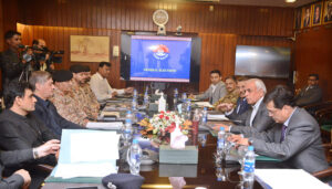 Caretaker Federal Minister for Communications Shahid Ashraf Tarar chairs a meeting of Election Committee to review security arrangements for upcoming General Elections 2024 at Sindh Secretariat