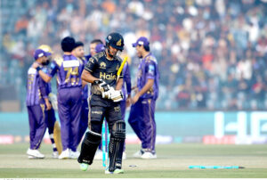 Peshawar Zalmi batter Saim Ayub runs out by Rossouw during the Pakistan Super League (PSL) Twenty20 cricket match between Peshawar Zalmi and Quetta Gladiators at the Gaddafi Cricket Stadium