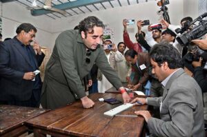 Chairman PPP Bilawal Bhutto Zardari casts his vote in Shaheed Major Mujahid Mirani Government Boys Primary School Polling Station Naudero in the constituency NA-194 and PS-10 during General Elections -2024.