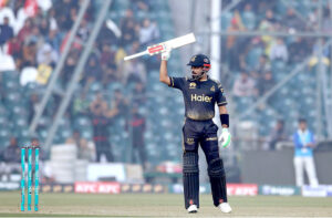 Peshawar Zalmi batter Saim Ayub runs out by Rossouw during the Pakistan Super League (PSL) Twenty20 cricket match between Peshawar Zalmi and Quetta Gladiators at the Gaddafi Cricket Stadium