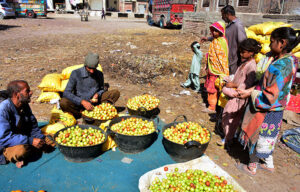 Children purchasing jujube from vendor at fruits market. 