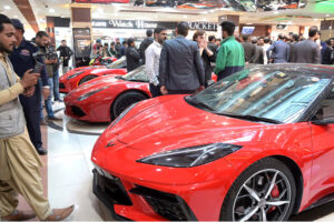 A large number of people visiting an auto show organized by the Centaurus Mall in partnership with HAC Hazara Automotive Community