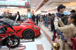 A large number of people visiting an auto show organized by the Centaurus Mall in partnership with HAC Hazara Automotive Community