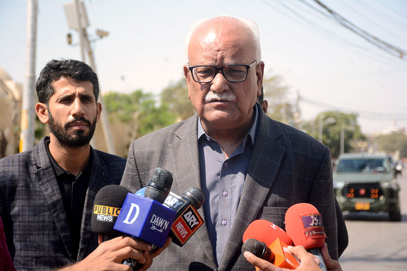 PPP Senator Waqar Mehdi talking to media persons outside Sindh Assembly building