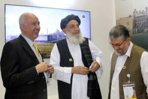 Ambassador, Faisal Niaz Tirmizi, Pakistan's Envoy to the UAE sharing a light moment with Pakistani exporter during the Gulf Food Exhibition at the Pakistan Pavilion, World Trade Centre