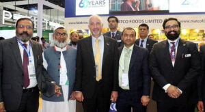 Ambassador, Faisal Niaz Tirmizi, Pakistan's Envoy to the UAE sharing a light moment with Pakistani exporter during the Gulf Food Exhibition at the Pakistan Pavilion, World Trade Centre