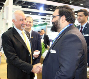 Ambassador, Faisal Niaz Tirmizi, Pakistan's Envoy to the UAE sharing a light moment with Pakistani exporter during the Gulf Food Exhibition at the Pakistan Pavilion, World Trade Centre