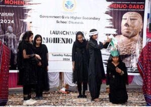 Students performing a tableau during Launching Ceremony of Annual School Magazine (Mohenjo Daro) supported by CHATGPT, Teachers and Students at Govt. Girls Higher Secondary School Dhamrah Village