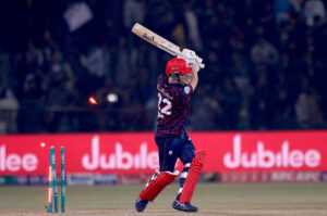 Peshawar Zalmi player Sam Ayub bowled by Agha Salman during the Pakistan Super League (PSL) Twenty20 cricket match between Islamabad United and Peshawar Zalmi at the Gaddafi Cricket Stadium