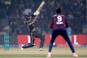 Peshawar Zalmi player Sam Ayub bowled by Agha Salman during the Pakistan Super League (PSL) Twenty20 cricket match between Islamabad United and Peshawar Zalmi at the Gaddafi Cricket Stadium