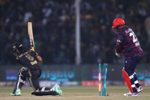 Peshawar Zalmi player Sam Ayub bowled by Agha Salman during the Pakistan Super League (PSL) Twenty20 cricket match between Islamabad United and Peshawar Zalmi at the Gaddafi Cricket Stadium