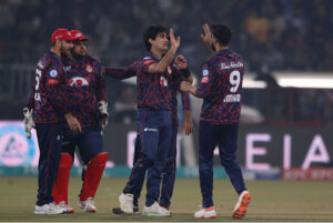 Peshawar Zalmi player Sam Ayub bowled by Agha Salman during the Pakistan Super League (PSL) Twenty20 cricket match between Islamabad United and Peshawar Zalmi at the Gaddafi Cricket Stadium